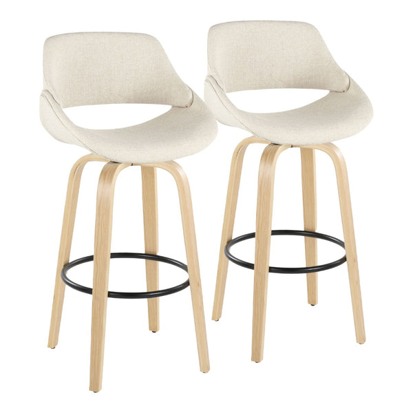 English Elm 30 Inch Mid-Century Swivel Barstools with Natural Wood Legs and Cream Fabric Set of 2 B202P291117