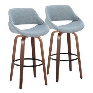 English Elm 30 Inch Mid-Century Swivel Barstools with Walnut Legs and Blue Fabric Upholstery Set of 2 B202P291118