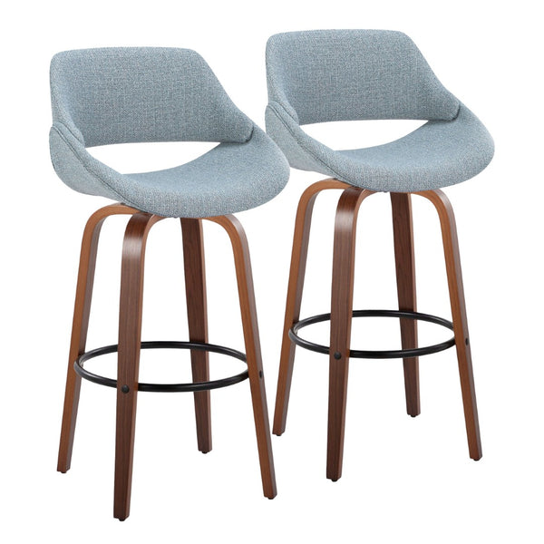 English Elm 30 Inch Mid-Century Swivel Barstools with Walnut Legs and Blue Fabric Upholstery Set of 2 B202P291118