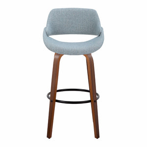 English Elm 30 Inch Mid-Century Swivel Barstools with Walnut Legs and Blue Fabric Upholstery Set of 2 B202P291118