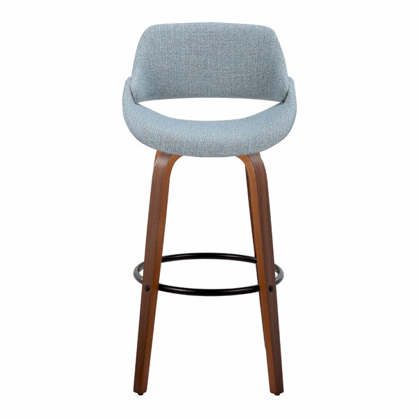 English Elm 30 Inch Mid-Century Swivel Barstools with Walnut Legs and Blue Fabric Upholstery Set of 2 B202P291118