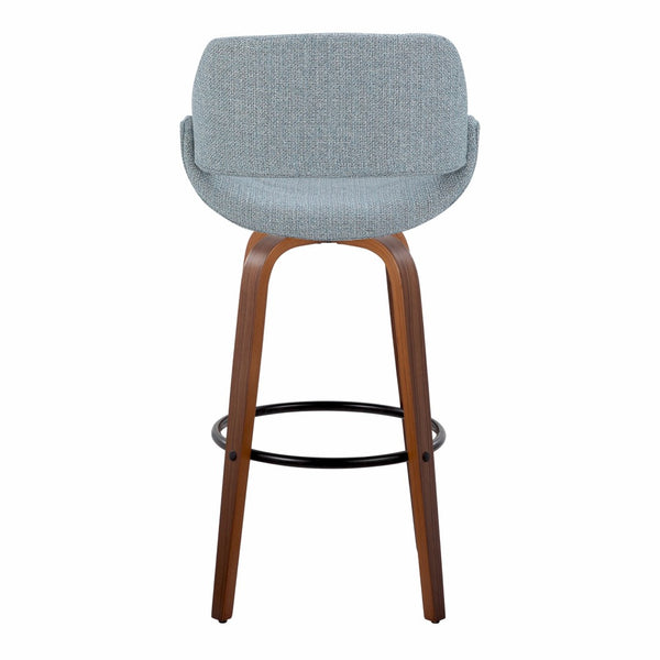 English Elm 30 Inch Mid-Century Swivel Barstools with Walnut Legs and Blue Fabric Upholstery Set of 2 B202P291118
