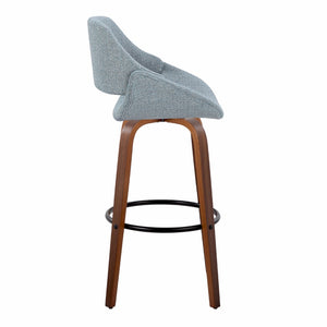 English Elm 30 Inch Mid-Century Swivel Barstools with Walnut Legs and Blue Fabric Upholstery Set of 2 B202P291118