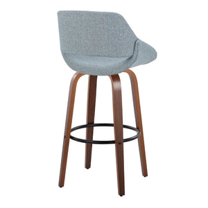 English Elm 30 Inch Mid-Century Swivel Barstools with Walnut Legs and Blue Fabric Upholstery Set of 2 B202P291118