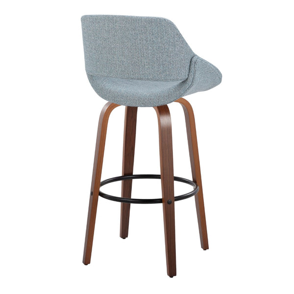 English Elm 30 Inch Mid-Century Swivel Barstools with Walnut Legs and Blue Fabric Upholstery Set of 2 B202P291118