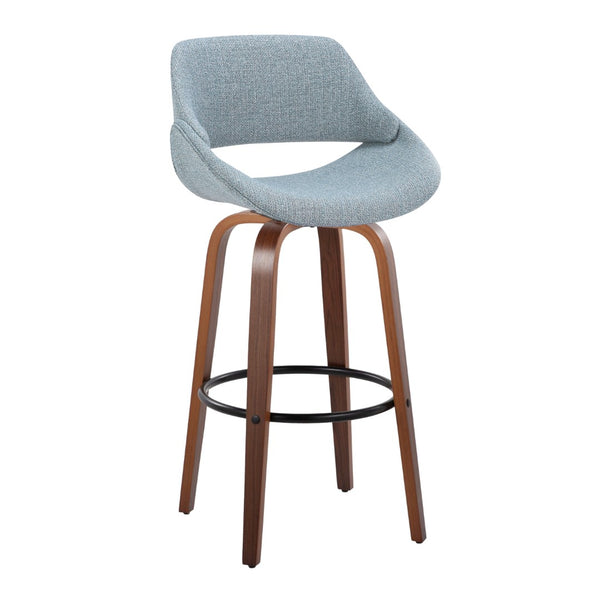 English Elm 30 Inch Mid-Century Swivel Barstools with Walnut Legs and Blue Fabric Upholstery Set of 2 B202P291118