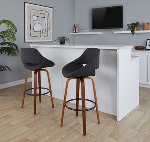 English Elm 30 Inch Mid-Century Swivel Barstools with Walnut Bent Wood Legs and Charcoal Fabric Set of 2 B202P291119