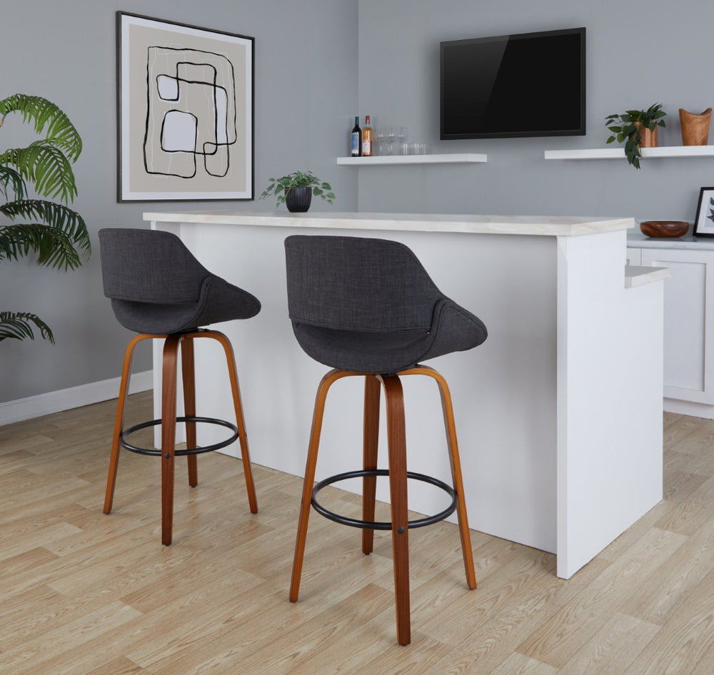 English Elm 30 Inch Mid-Century Swivel Barstools with Walnut Bent Wood Legs and Charcoal Fabric Set of 2 B202P291119