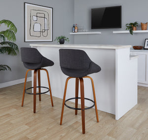 English Elm 30 Inch Mid-Century Swivel Barstools with Walnut Bent Wood Legs and Charcoal Fabric Set of 2 B202P291119