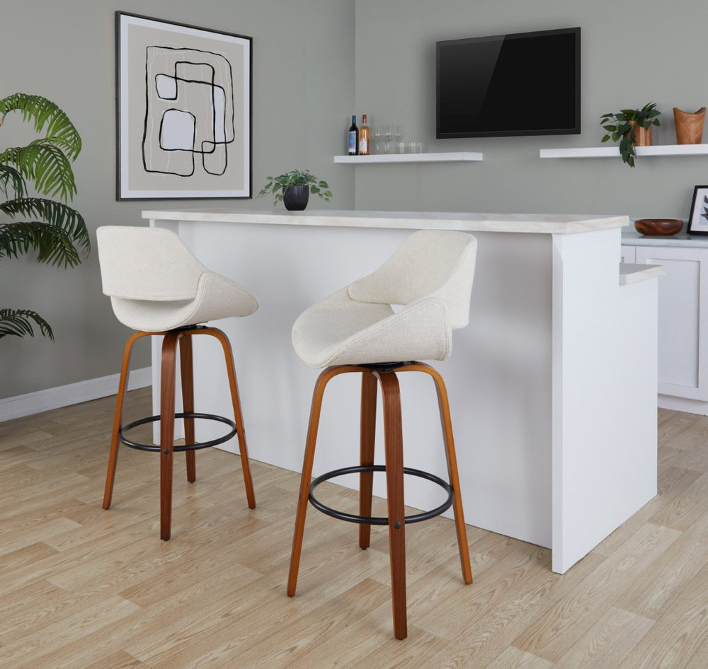 English Elm 30 Inch Swivel Barstools Set of 2 Walnut Bentwood Legs Cream Fabric MCM Kitchen B202P291120