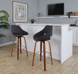 English Elm 30 Inch Mid Century Swivel Barstools Walnut Bentwood Legs Chrome Footrest Set of 2 B202P291124