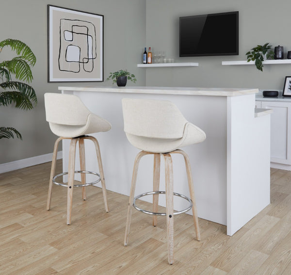 English Elm 30 Inch Swivel Barstools Set of 2 Bentwood Cream Fabric Mid-Century Kitchen Island Seating B202P291126