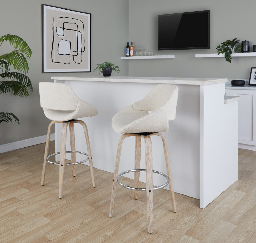 English Elm 30 Inch Swivel Barstools Set of 2 Bentwood Cream Fabric Mid-Century Kitchen Island Seating B202P291126