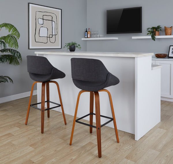 English Elm 30 Inch Swivel Barstools Set of 2 Walnut Bent Wood Legs Mid-Century Kitchen Island Charcoal B202P291128