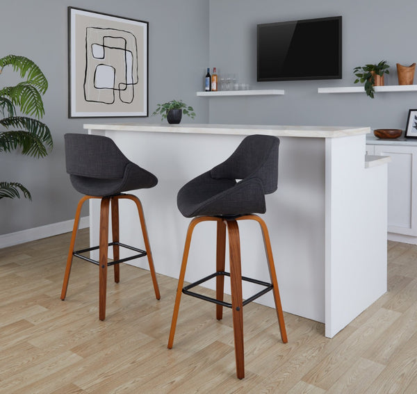 English Elm 30 Inch Swivel Barstools Set of 2 Walnut Bent Wood Legs Mid-Century Kitchen Island Charcoal B202P291128