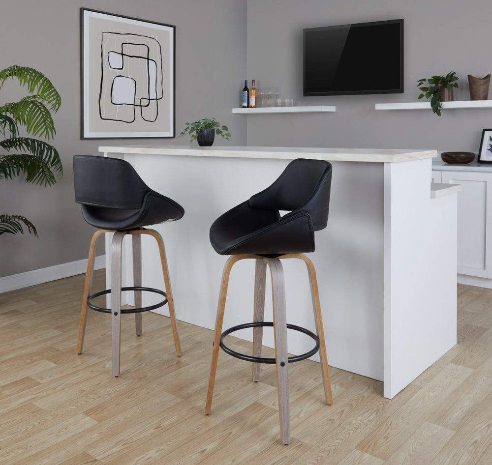 English Elm 30 Inch Swivel Barstools Set of 2 Mid-Century Bentwood Legs Faux Leather Kitchen Seats Black Light Grey Wood Black Metal B202P291130
