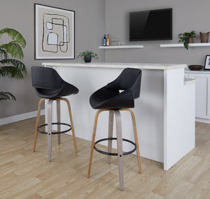English Elm 30 Inch Swivel Barstools Set of 2 Mid-Century Bentwood Legs Faux Leather Kitchen Seats Black Light Grey Wood Black Metal B202P291130