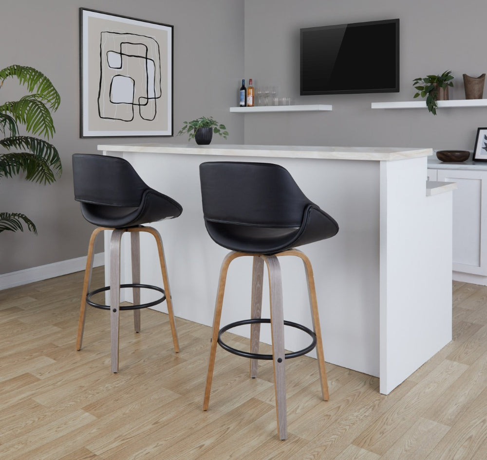 English Elm 30 Inch Swivel Barstools Set of 2 Mid-Century Bentwood Legs Faux Leather Kitchen Seats Black Light Grey Wood Black Metal B202P291130