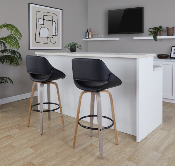 English Elm 30 Inch Swivel Barstools Set of 2 Mid-Century Bentwood Legs Faux Leather Kitchen Seats Black Light Grey Wood Black Metal B202P291130