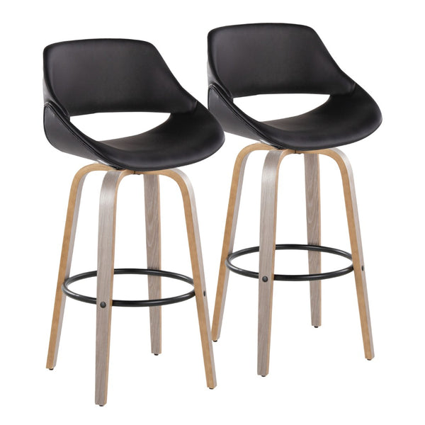 English Elm 30 Inch Swivel Barstools Set of 2 Mid-Century Bentwood Legs Faux Leather Kitchen Seats Black Light Grey Wood Black Metal B202P291130