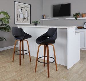 English Elm Contemporary Swivel Barstool Set of 2 with Walnut Bentwood Legs and Faux Leather Seat B202P291133