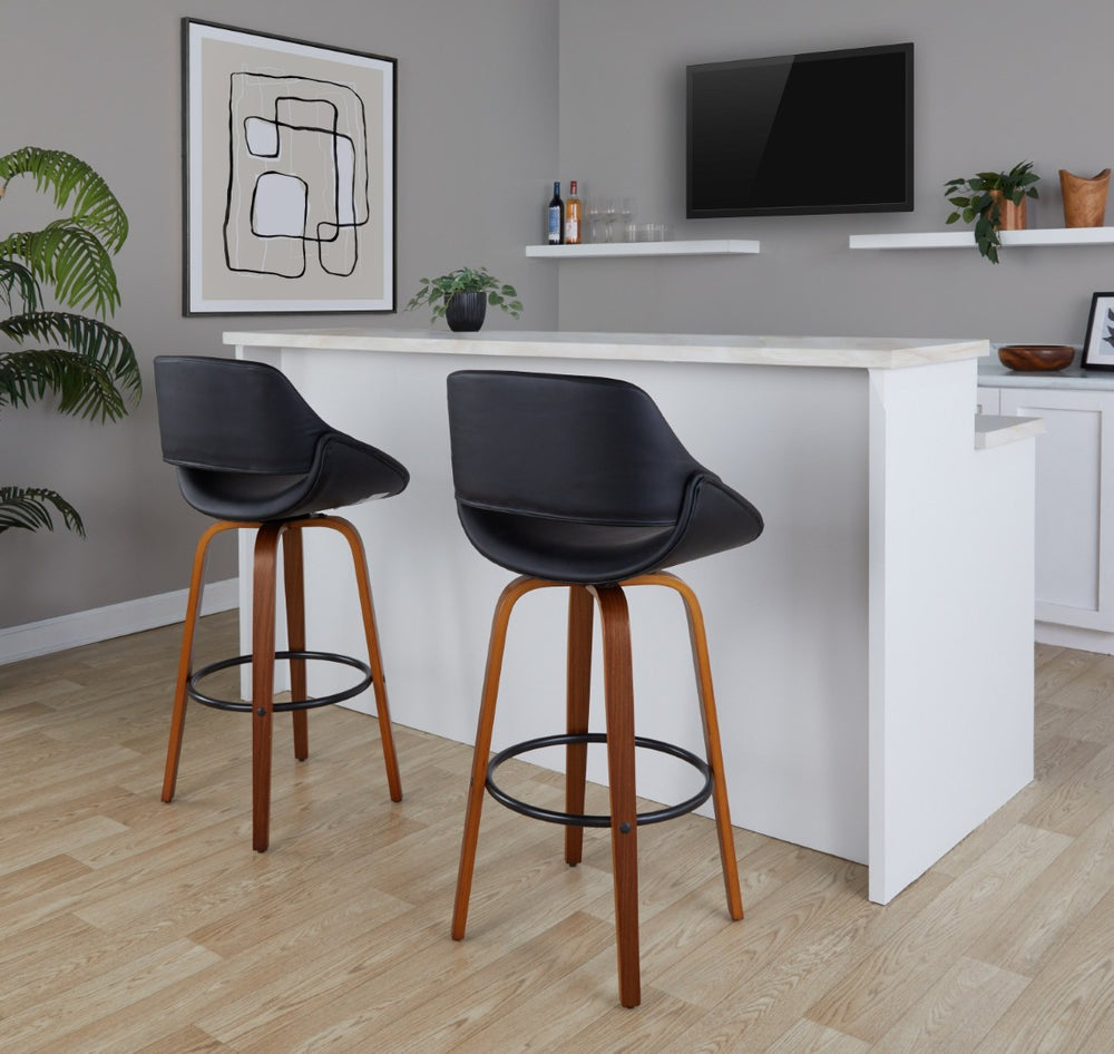 English Elm Contemporary Swivel Barstool Set of 2 with Walnut Bentwood Legs and Faux Leather Seat B202P291133