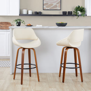 English Elm 30 Inch Swivel Barstools Set of 2 Mid-Century Bentwood Legs Faux Leather Kitchen Seats Cream Walnut Wood Black Metal B202P291134