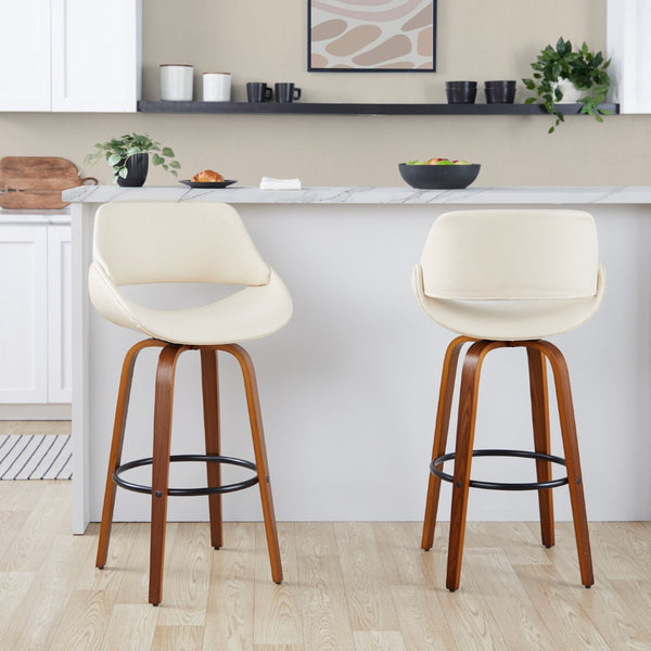 English Elm 30 Inch Swivel Barstools Set of 2 Mid-Century Bentwood Legs Faux Leather Kitchen Seats Cream Walnut Wood Black Metal B202P291134