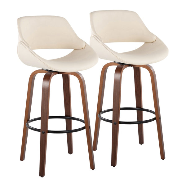 English Elm 30 Inch Swivel Barstools Set of 2 Mid-Century Bentwood Legs Faux Leather Kitchen Seats Cream Walnut Wood Black Metal B202P291134