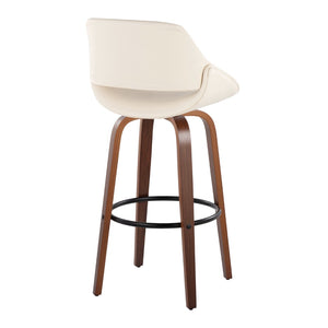 English Elm 30 Inch Swivel Barstools Set of 2 Mid-Century Bentwood Legs Faux Leather Kitchen Seats Cream Walnut Wood Black Metal B202P291134