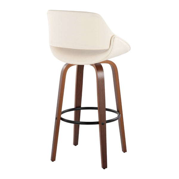 English Elm 30 Inch Swivel Barstools Set of 2 Mid-Century Bentwood Legs Faux Leather Kitchen Seats Cream Walnut Wood Black Metal B202P291134