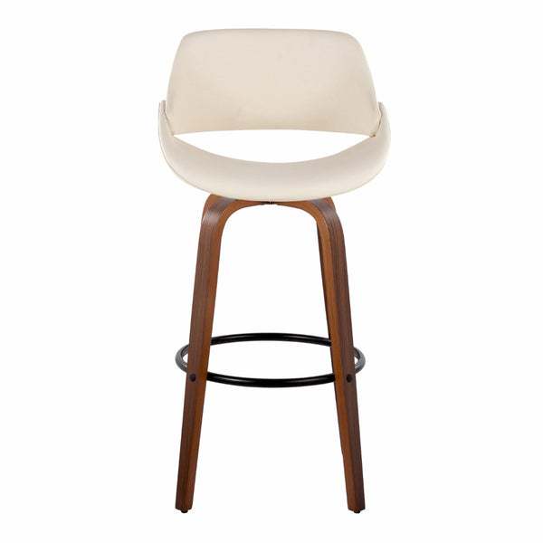 English Elm 30 Inch Swivel Barstools Set of 2 Mid-Century Bentwood Legs Faux Leather Kitchen Seats Cream Walnut Wood Black Metal B202P291134