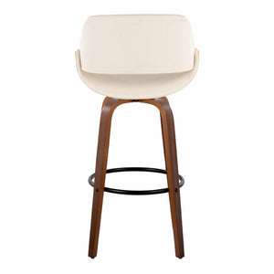 English Elm 30 Inch Swivel Barstools Set of 2 Mid-Century Bentwood Legs Faux Leather Kitchen Seats Cream Walnut Wood Black Metal B202P291134