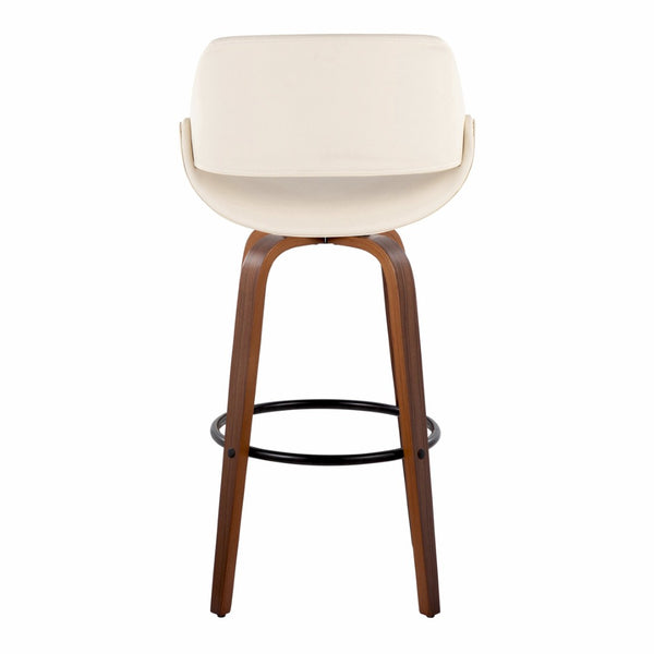 English Elm 30 Inch Swivel Barstools Set of 2 Mid-Century Bentwood Legs Faux Leather Kitchen Seats Cream Walnut Wood Black Metal B202P291134