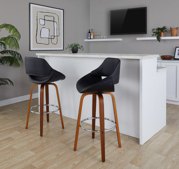 English Elm 30 Inch Swivel Barstools Set of 2 Mid-Century Bentwood Legs Faux Leather Kitchen Seats Black Walnut Wood Chrome Metal B202P291136