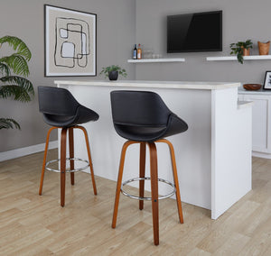 English Elm 30 Inch Swivel Barstools Set of 2 Mid-Century Bentwood Legs Faux Leather Kitchen Seats Black Walnut Wood Chrome Metal B202P291136