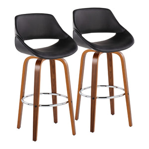 English Elm 30 Inch Swivel Barstools Set of 2 Mid-Century Bentwood Legs Faux Leather Kitchen Seats Black Walnut Wood Chrome Metal B202P291136
