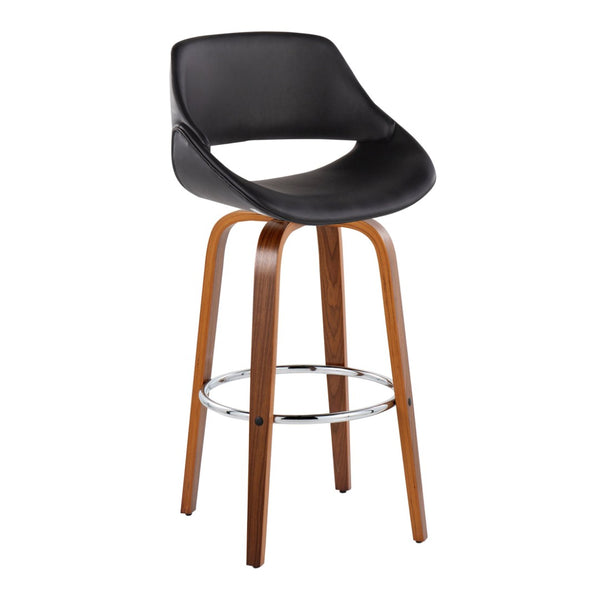 English Elm 30 Inch Swivel Barstools Set of 2 Mid-Century Bentwood Legs Faux Leather Kitchen Seats Black Walnut Wood Chrome Metal B202P291136