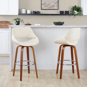 English Elm 30 Inch Swivel Barstools Set of 2 Mid-Century Bentwood Legs Faux Leather Kitchen Seats Cream Walnut Wood Chrome Metal B202P291137