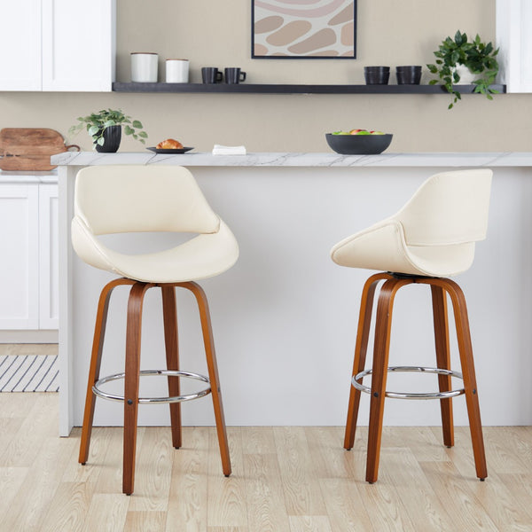 English Elm 30 Inch Swivel Barstools Set of 2 Mid-Century Bentwood Legs Faux Leather Kitchen Seats Cream Walnut Wood Chrome Metal B202P291137