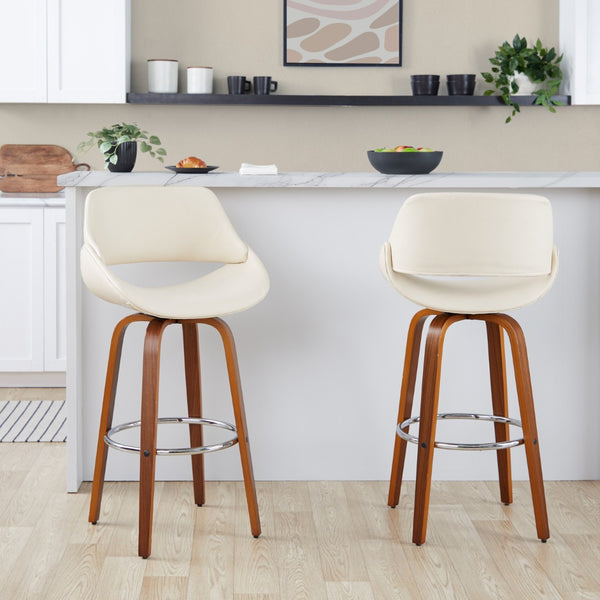 English Elm 30 Inch Swivel Barstools Set of 2 Mid-Century Bentwood Legs Faux Leather Kitchen Seats Cream Walnut Wood Chrome Metal B202P291137