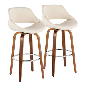 English Elm 30 Inch Swivel Barstools Set of 2 Mid-Century Bentwood Legs Faux Leather Kitchen Seats Cream Walnut Wood Chrome Metal B202P291137