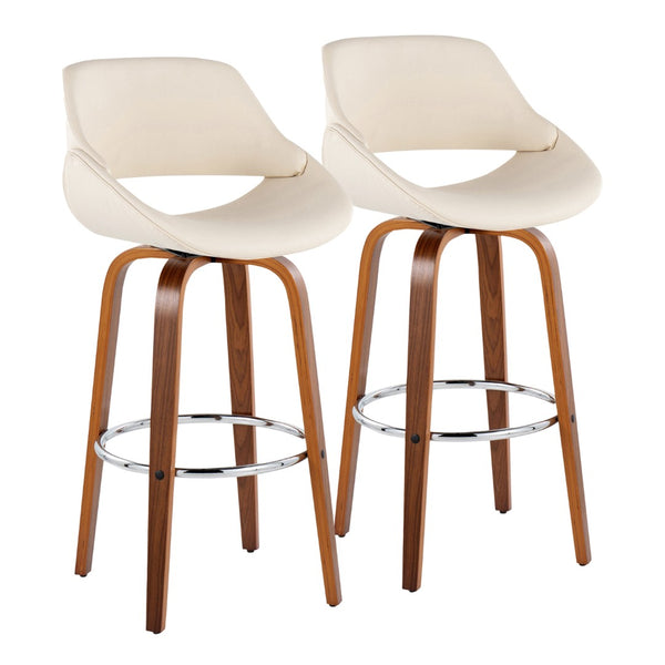 English Elm 30 Inch Swivel Barstools Set of 2 Mid-Century Bentwood Legs Faux Leather Kitchen Seats Cream Walnut Wood Chrome Metal B202P291137