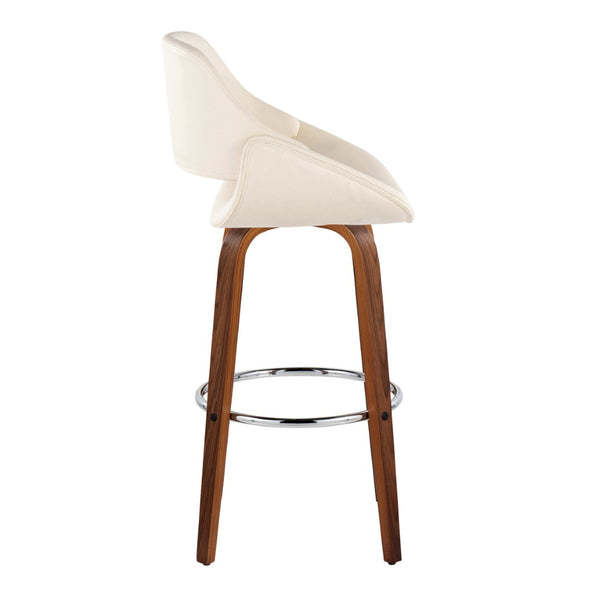 English Elm 30 Inch Swivel Barstools Set of 2 Mid-Century Bentwood Legs Faux Leather Kitchen Seats Cream Walnut Wood Chrome Metal B202P291137