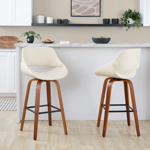 English Elm 30 Inch Mid-Century Swivel Barstools with Walnut Legs and Faux Leather Seats Set of 2 Cream B202P291140