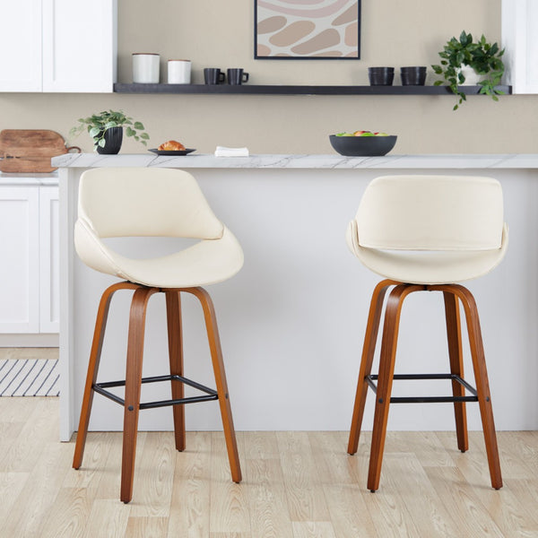 English Elm 30 Inch Mid-Century Swivel Barstools with Walnut Legs and Faux Leather Seats Set of 2 Cream B202P291140