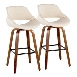 English Elm 30 Inch Mid-Century Swivel Barstools with Walnut Legs and Faux Leather Seats Set of 2 Cream B202P291140