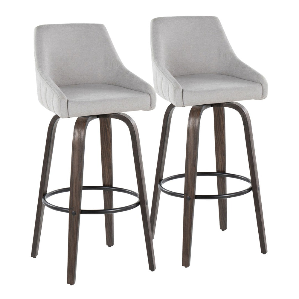 English Elm 30Fixed-Height Swivel Barstools Walnut Bentwood Grey Fabric Seat Black Footrest Set of 2' Let Me Count: = 15, Space, = 6, = 9, = 6, = 8 B202P291143