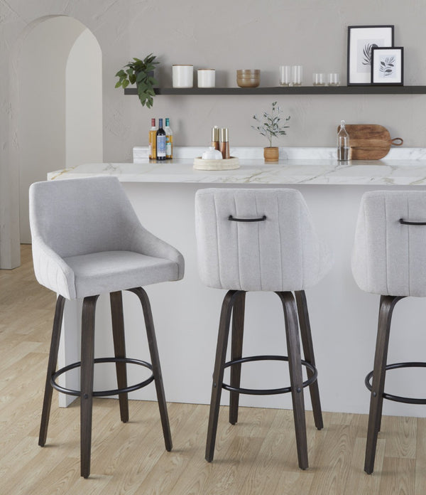 English Elm 30Fixed-Height Swivel Barstools Walnut Bentwood Grey Fabric Seat Black Footrest Set of 2' Let Me Count: = 15, Space, = 6, = 9, = 6, = 8 B202P291143