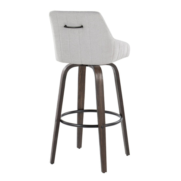 English Elm 30Fixed-Height Swivel Barstools Walnut Bentwood Grey Fabric Seat Black Footrest Set of 2' Let Me Count: = 15, Space, = 6, = 9, = 6, = 8 B202P291143